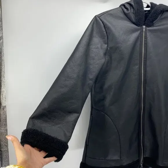 Bryn Walker faux leather fleece lined full zip hooded coat minimalist size S - Picture 2 of 8